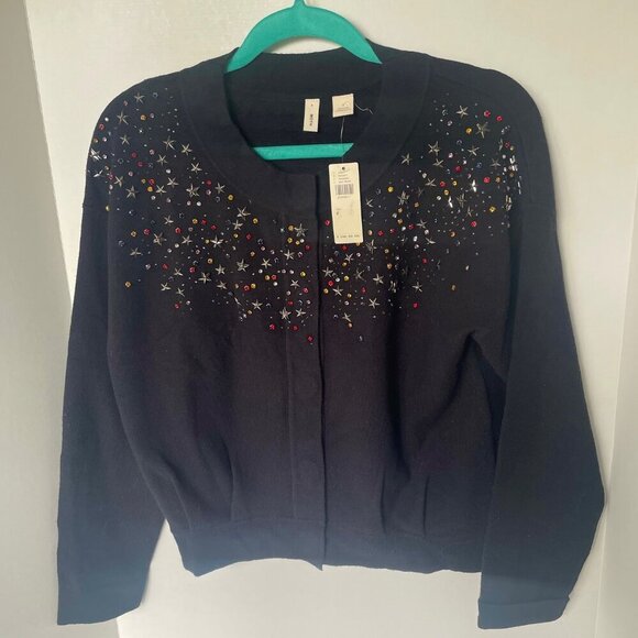 Anthropologie Beaded Stars Cardigan Sweater Womens Small Black Crop Snap Front - Picture 3 of 8